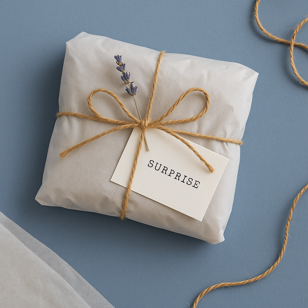 Liebevoll verpacktes Geschenk mit Schleife, Karte und Überraschung auf blauem Hintergrund