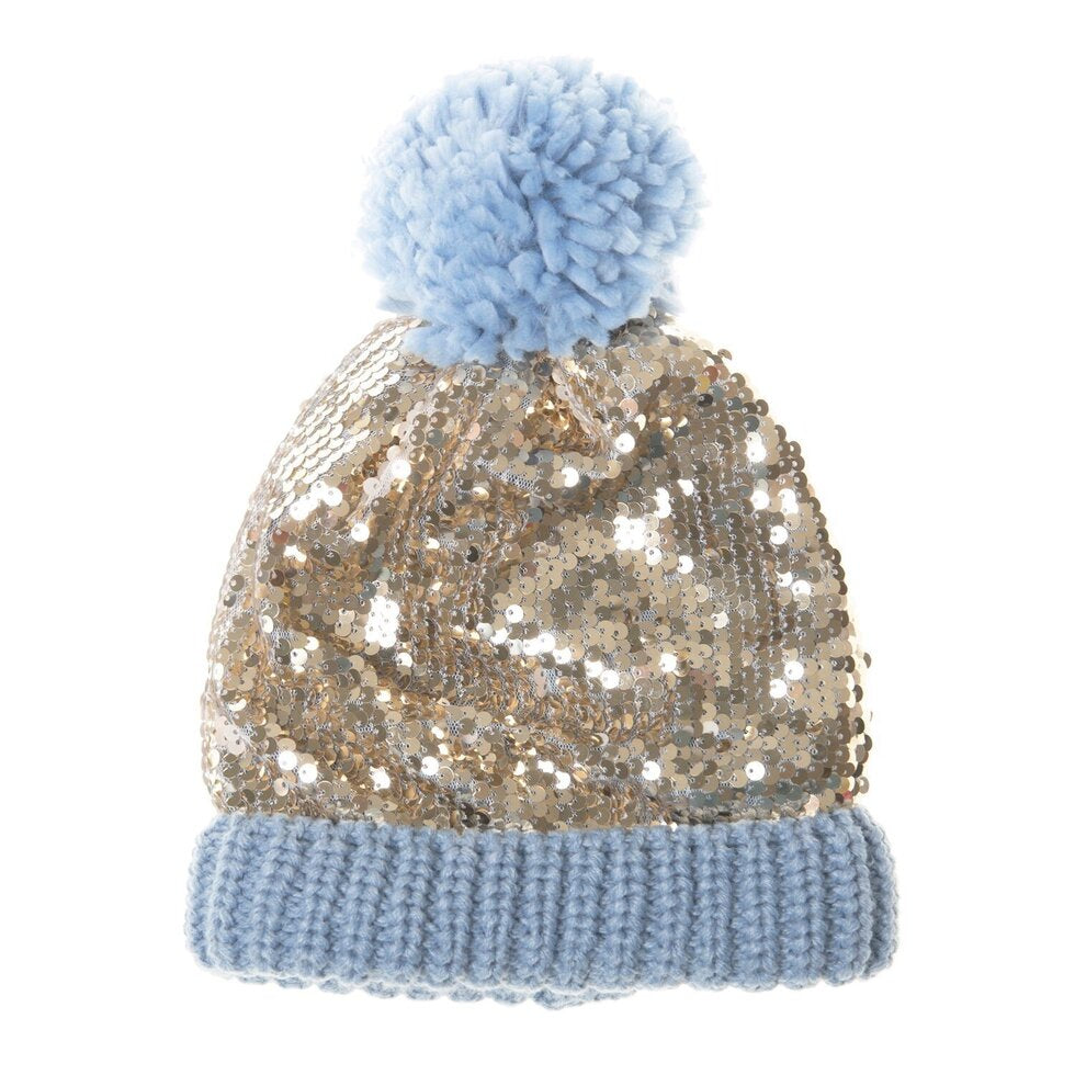 Shimmer Sequin Knitted Hat Blue