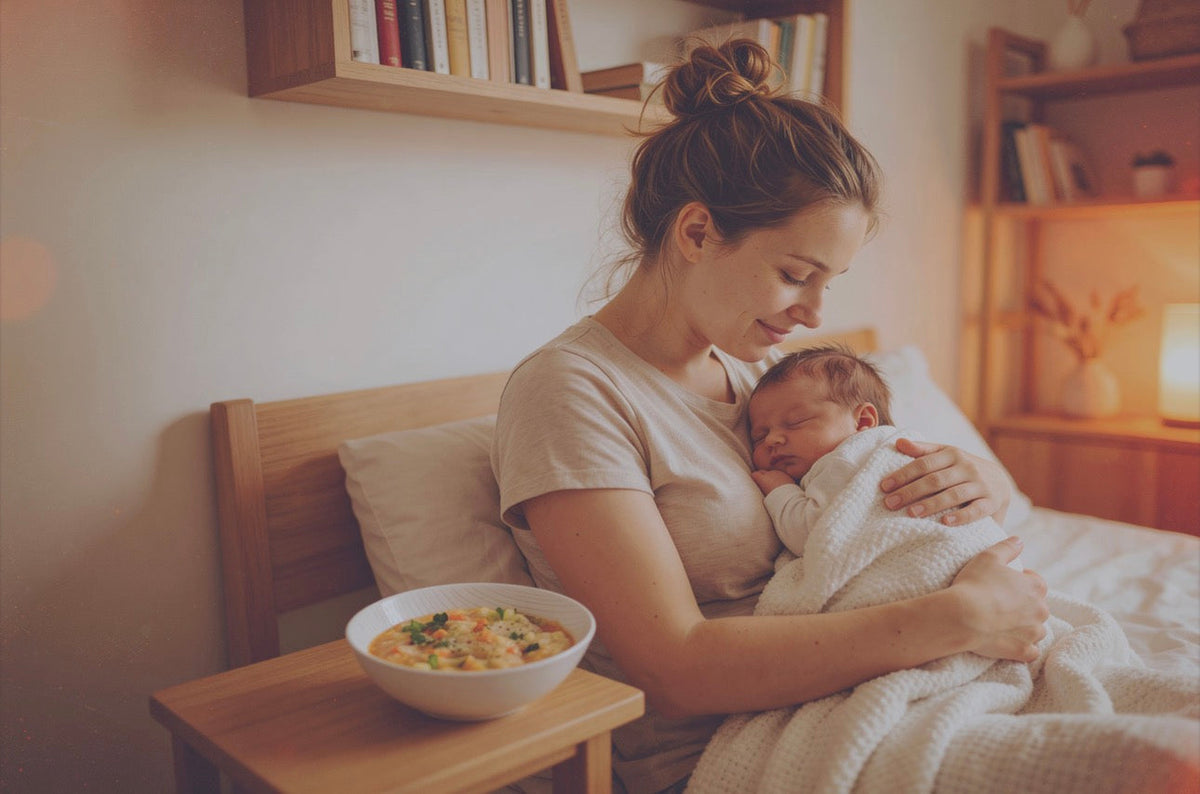 Mutter im Wochenbett mit Neugeborenem und einer Schüssel frisch gekochter Suppe
