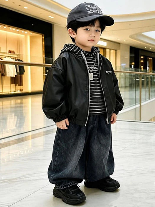 Little Foxx – Air On Leather Jacket, Hooded Denim Pants 3-Piece Top &amp; Bottom Set