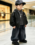 Little Foxx – Air On Leather Jacket, Hooded Denim Pants 3-Piece Top & Bottom Set