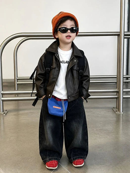 Little Foxx – Two Pocket Leather Jacket, Tee &amp; Denim Pants 3-Piece Top &amp; Bottom Set
