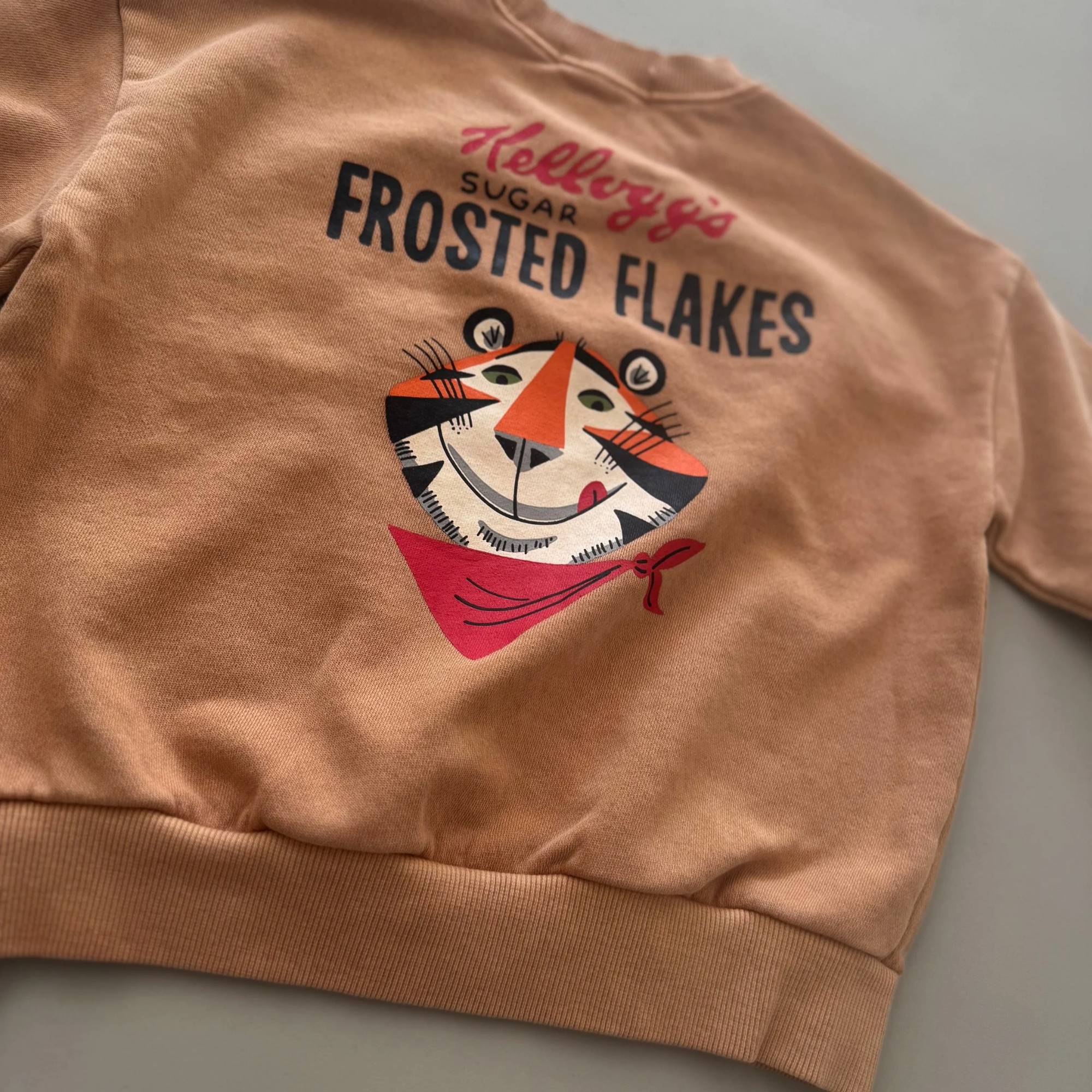 Nahaufnahme des „Frosted Flakes“ Prints auf dem Rücken – Tony der Tiger mit einer Schüssel Cornflakes und dem Schriftzug „Frosted Flakes“.