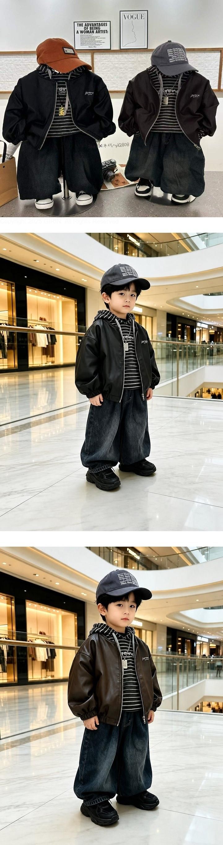 Little Foxx – Air On Leather Jacket, Hooded Denim Pants 3-Piece Top &amp; Bottom Set