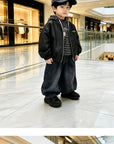 Little Foxx – Air On Leather Jacket, Hooded Denim Pants 3-Piece Top & Bottom Set