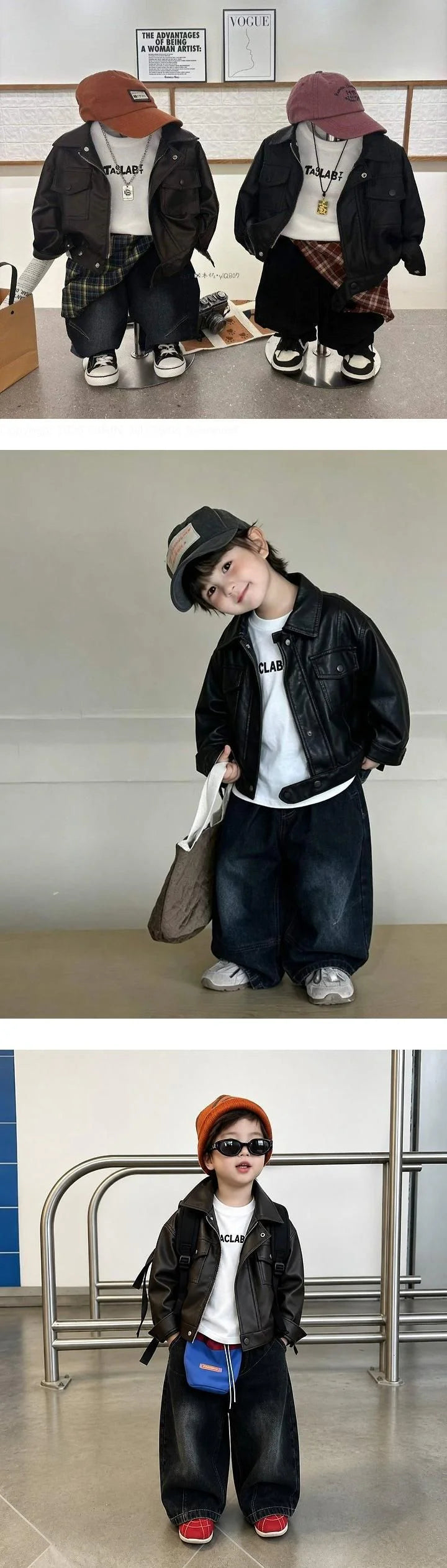Little Foxx – Two Pocket Leather Jacket, Tee &amp; Denim Pants 3-Piece Top &amp; Bottom Set