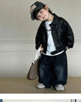 Little Foxx – Two Pocket Leather Jacket, Tee & Denim Pants 3-Piece Top & Bottom Set