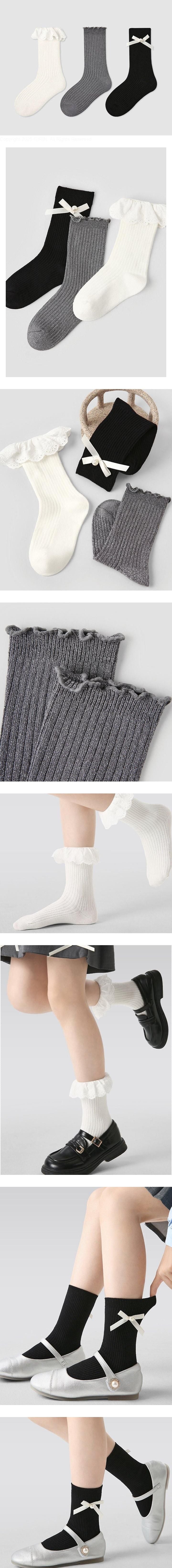 Little Foxx – Black &amp; White Lace Ribbon Socks Set
