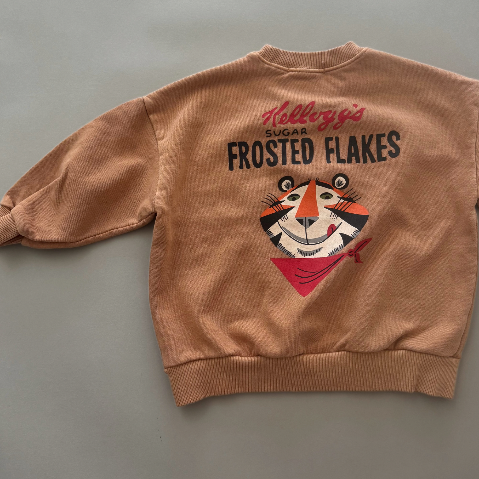 Beiges Sweatshirt mit großem „Frosted Flakes“ Motiv auf dem Rücken – lockerer Schnitt, gerippte Bündchen.